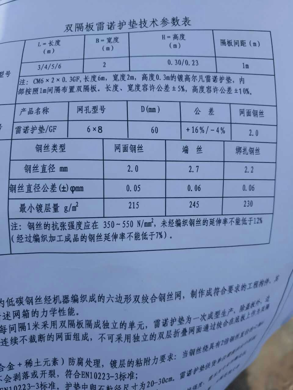 双隔板雷诺护垫参数表格